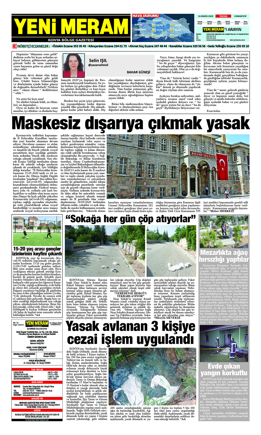 16 Mayıs 2020 Yeni Meram Gazetesi