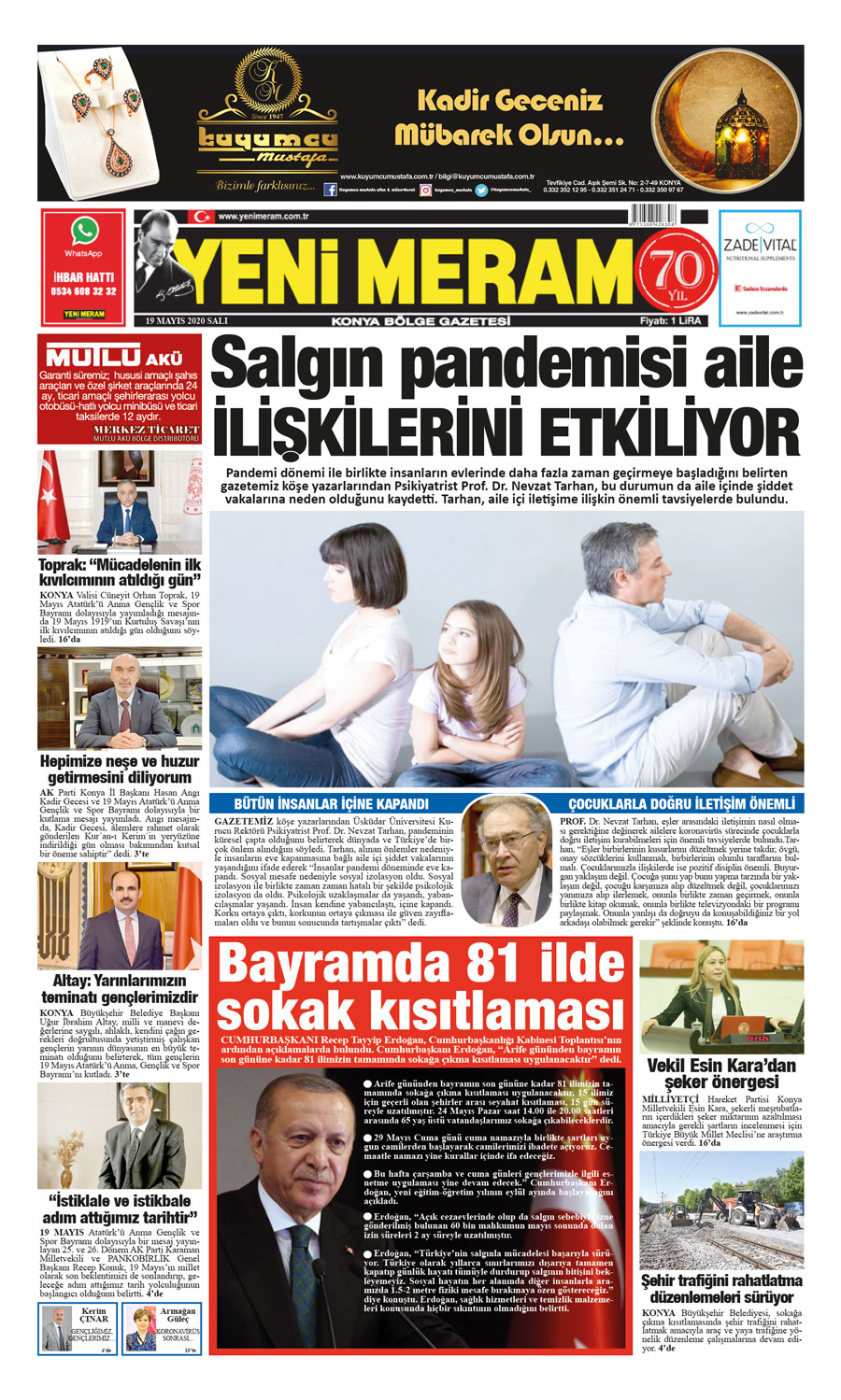 19 Mayıs 2020 Yeni Meram Gazetesi