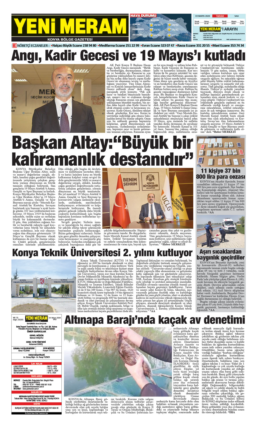 19 Mayıs 2020 Yeni Meram Gazetesi