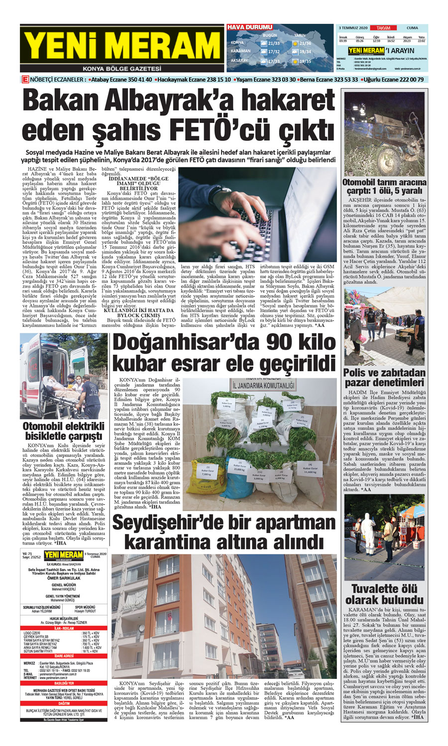 3 Temmuz 2020 Yeni Meram Gazetesi