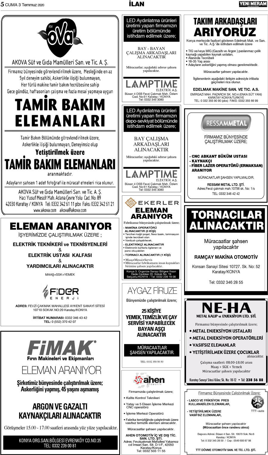 3 Temmuz 2020 Yeni Meram Gazetesi