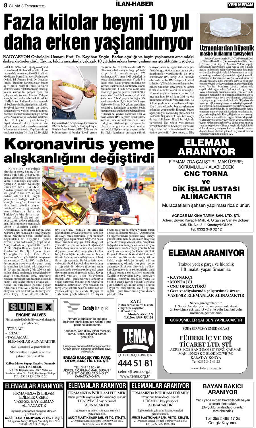 3 Temmuz 2020 Yeni Meram Gazetesi