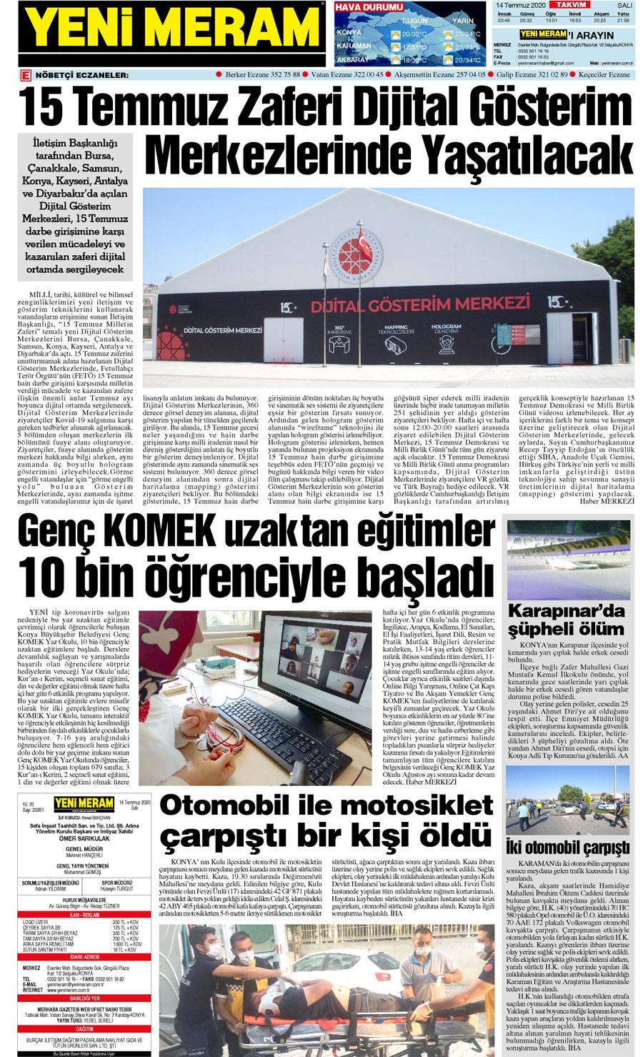 14 Temmuz 2020 Yeni Meram Gazetesi