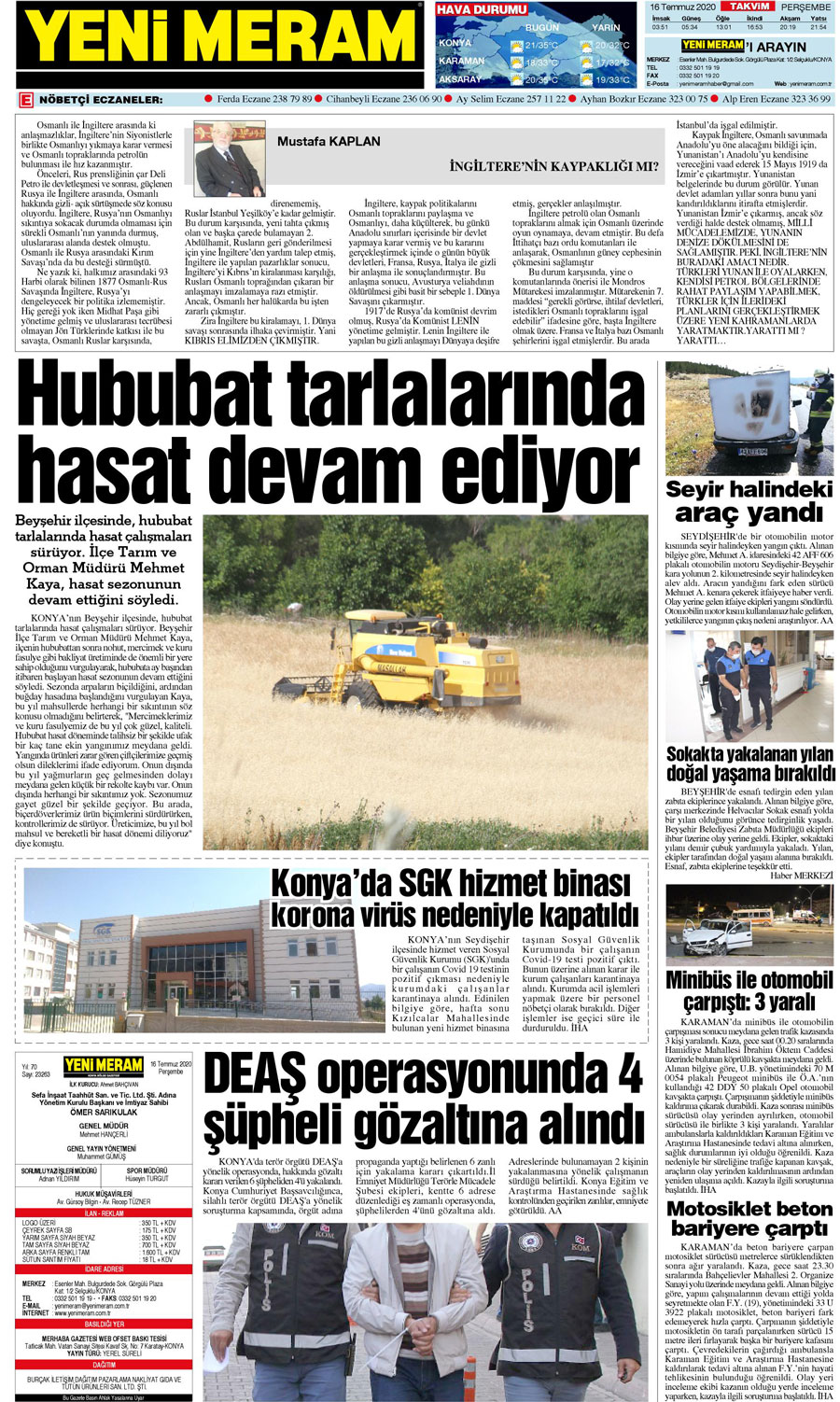 16 Temmuz 2020 Yeni Meram Gazetesi