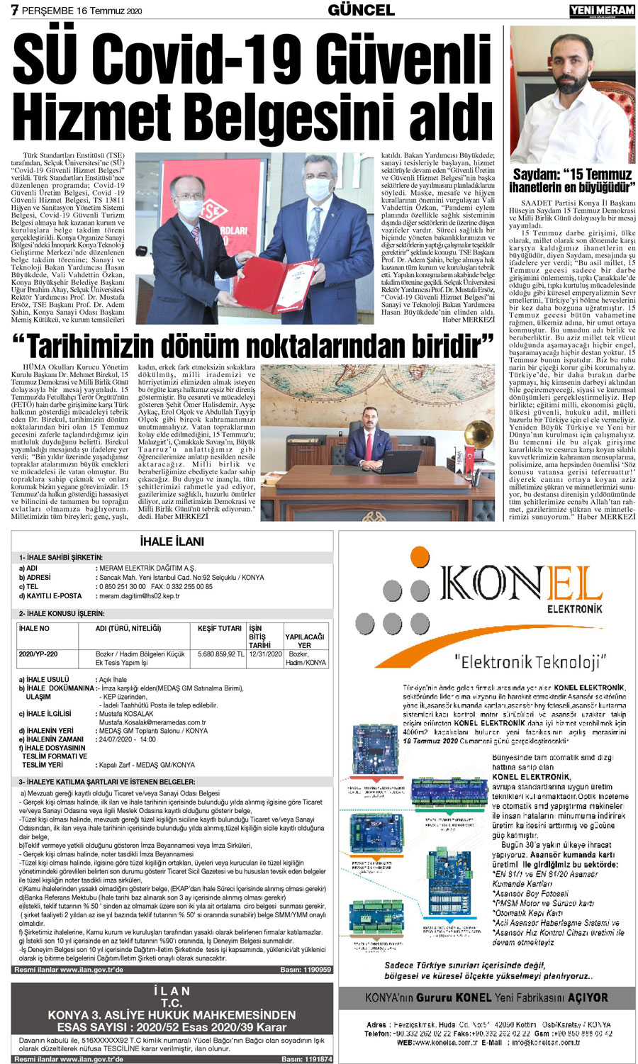 16 Temmuz 2020 Yeni Meram Gazetesi