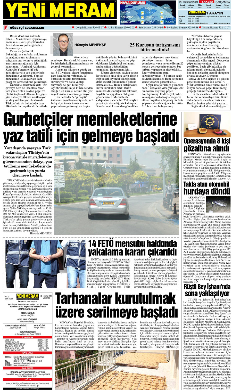 22 Temmuz 2020 Yeni Meram Gazetesi