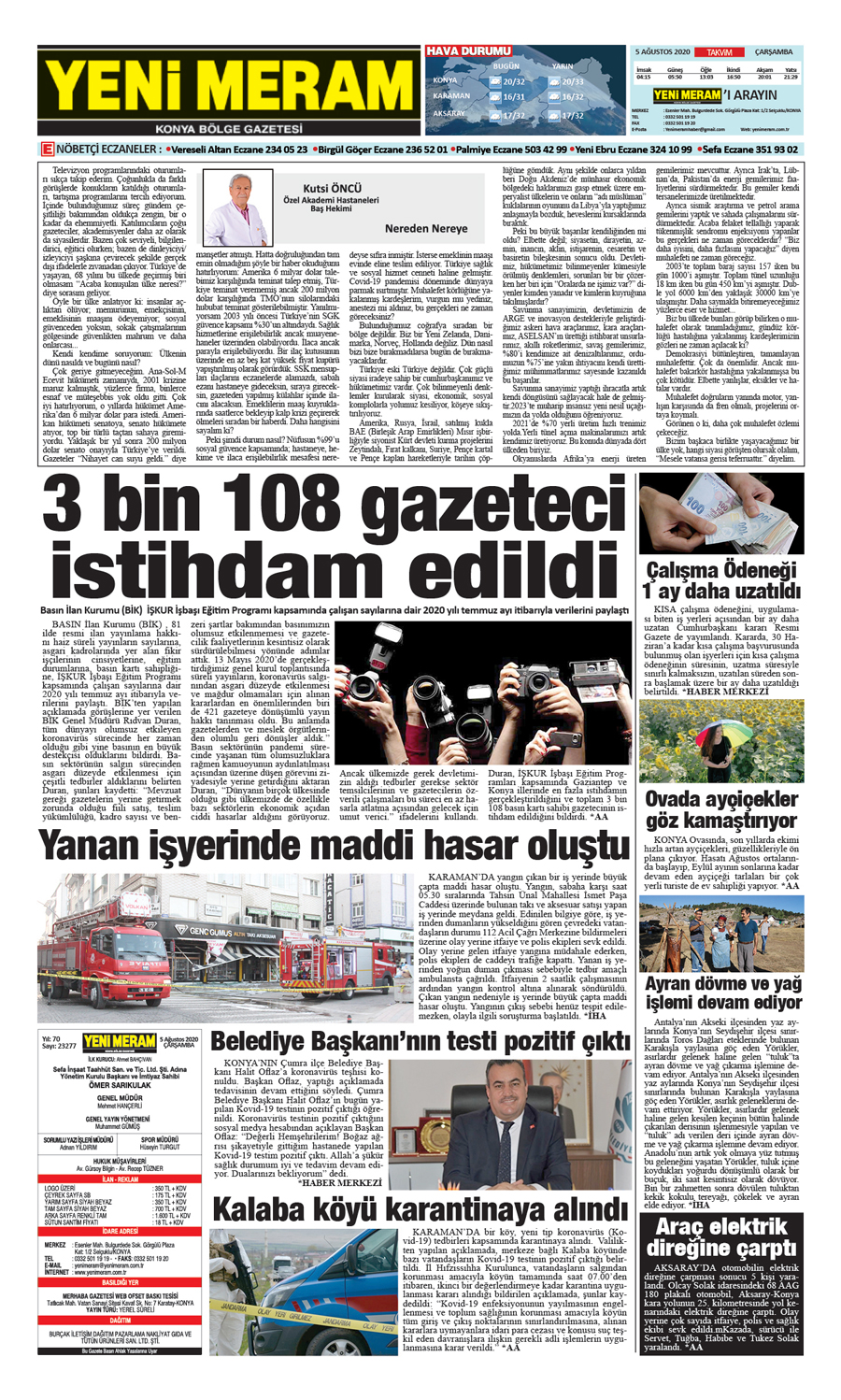 5 Ağustos 2020 Yeni Meram Gazetesi