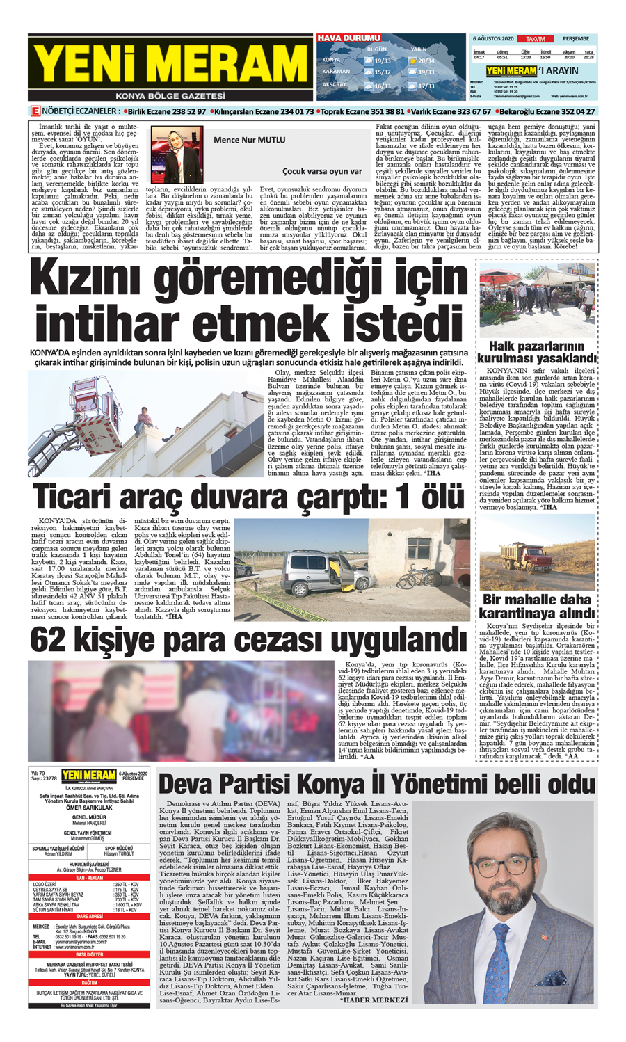 6 Ağustos 2020 Yeni Meram Gazetesi