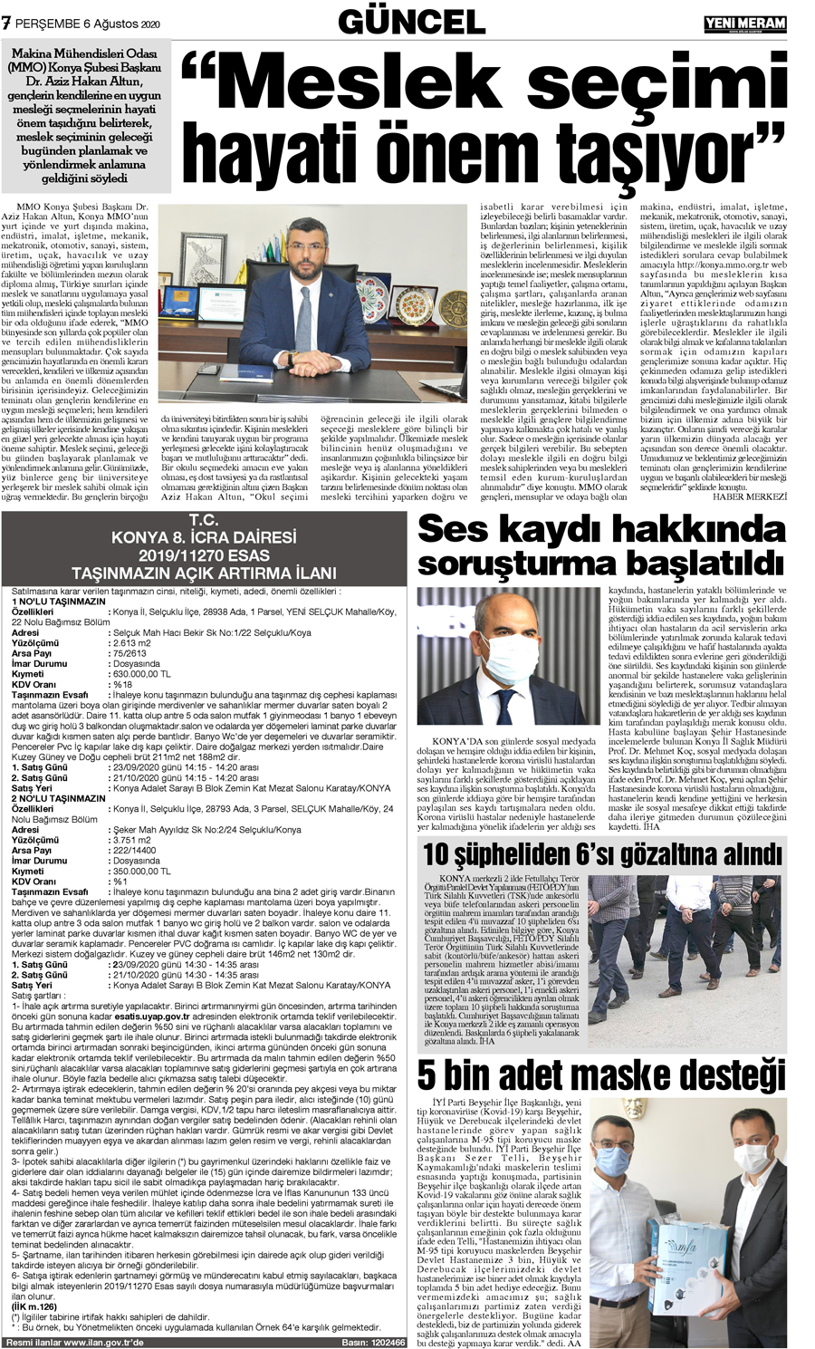 6 Ağustos 2020 Yeni Meram Gazetesi