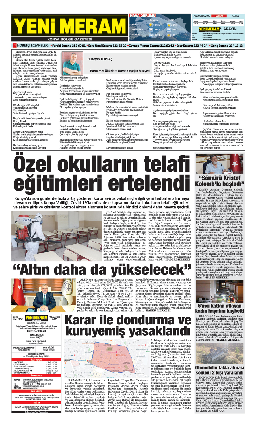 7 Ağustos 2020 Yeni Meram Gazetesi