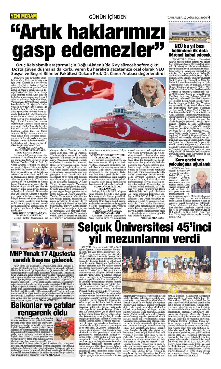 12 Ağustos 2020 Yeni Meram Gazetesi