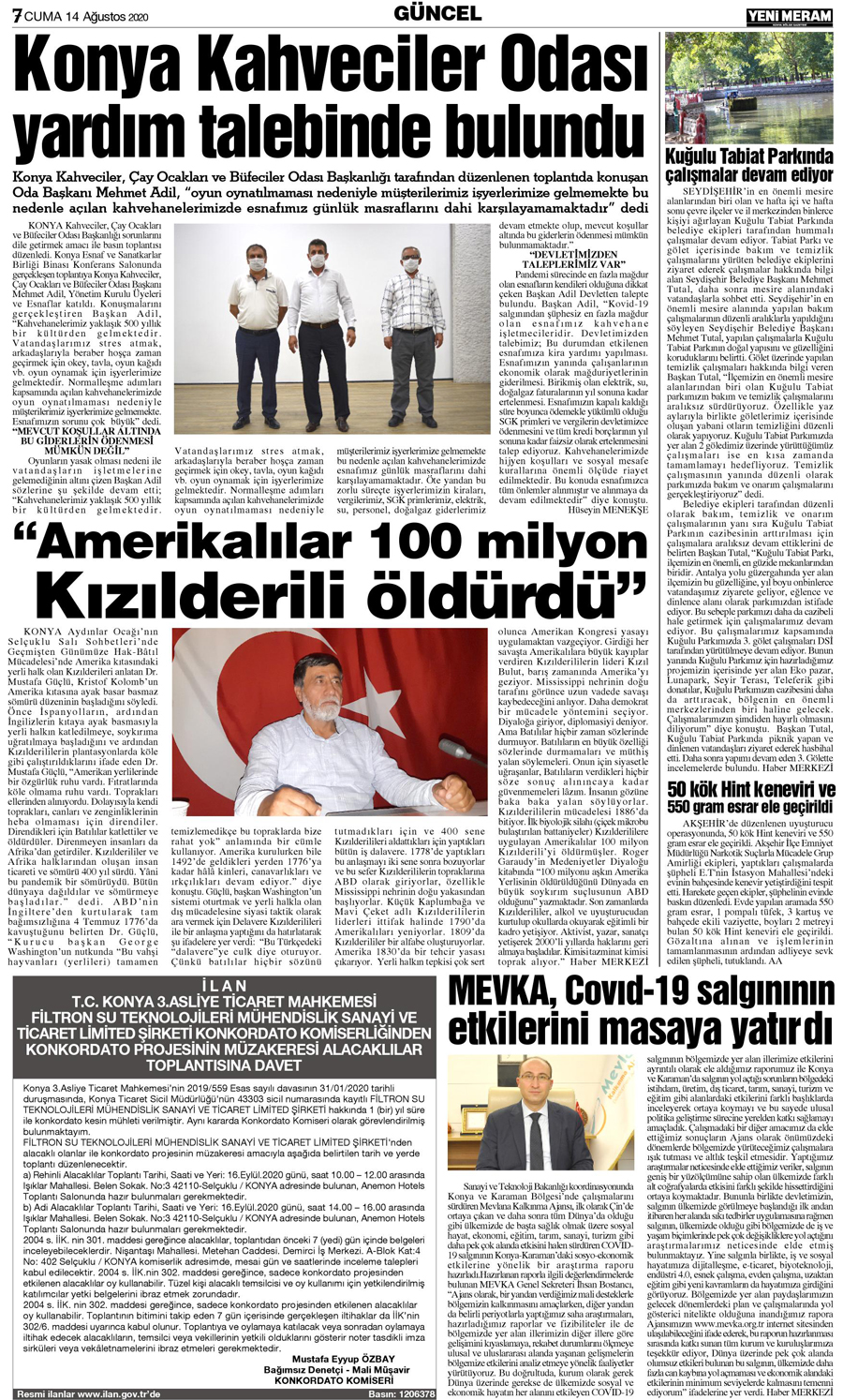 14 Ağustos 2020 Yeni Meram Gazetesi