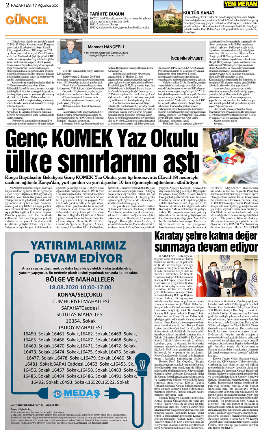 17 Ağustos 2020 Yeni Meram Gazetesi