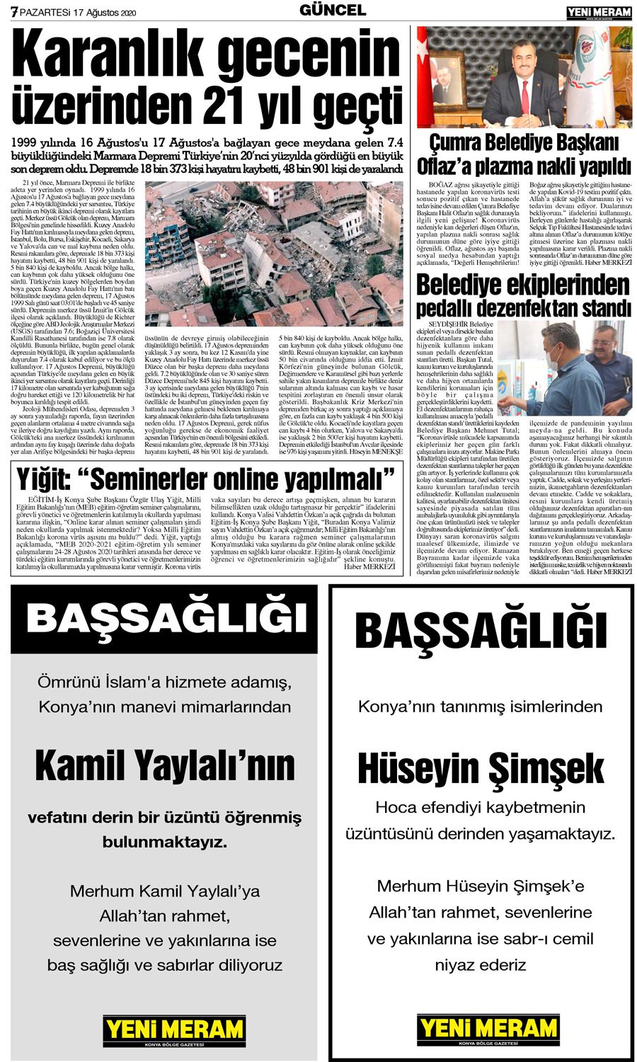 17 Ağustos 2020 Yeni Meram Gazetesi