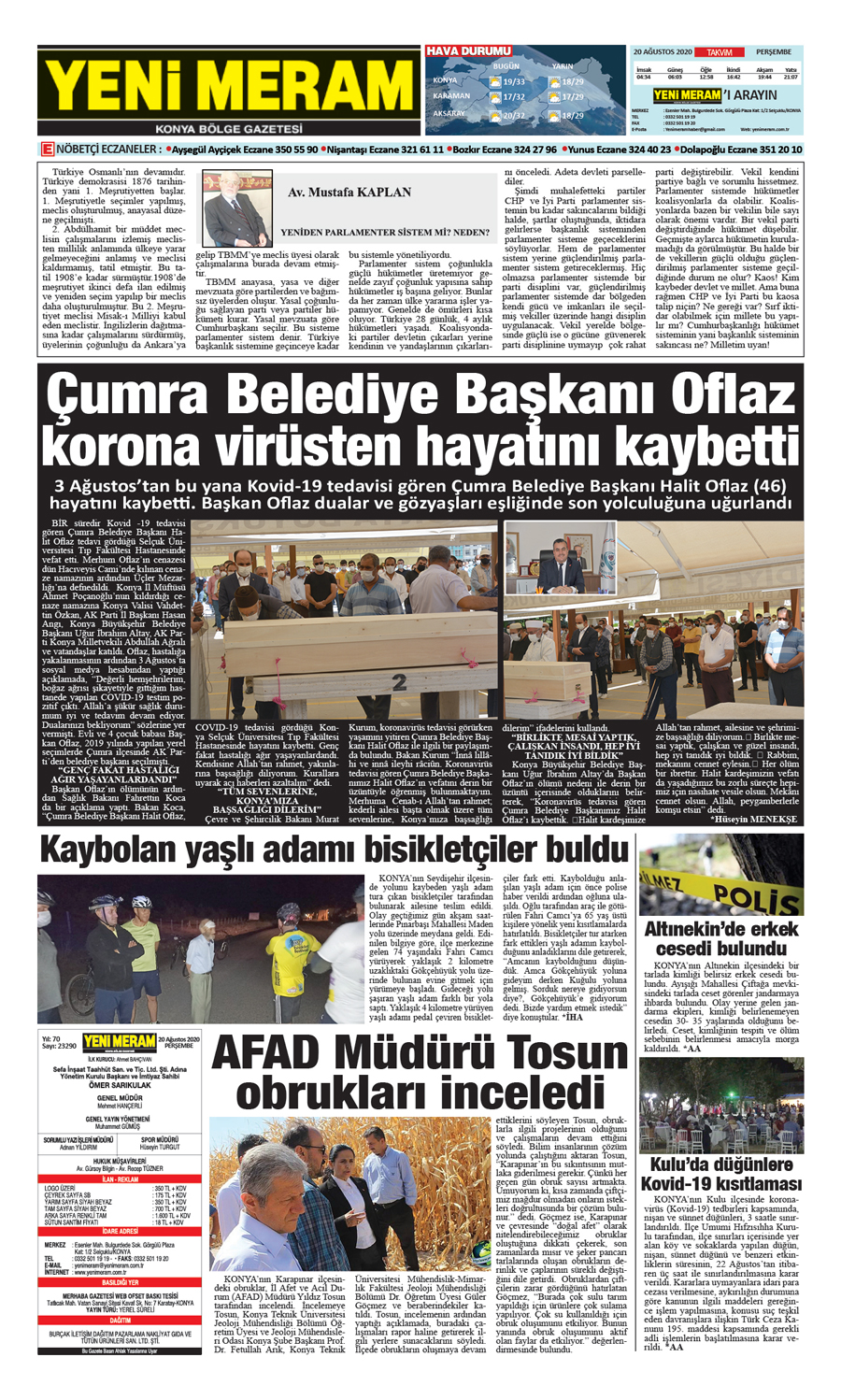 20 Ağustos 2020 Yeni Meram Gazetesi