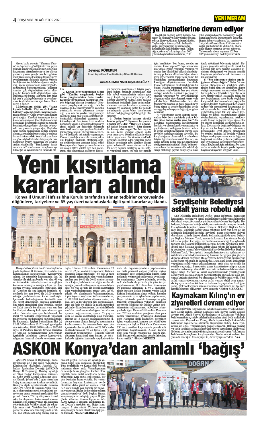 20 Ağustos 2020 Yeni Meram Gazetesi