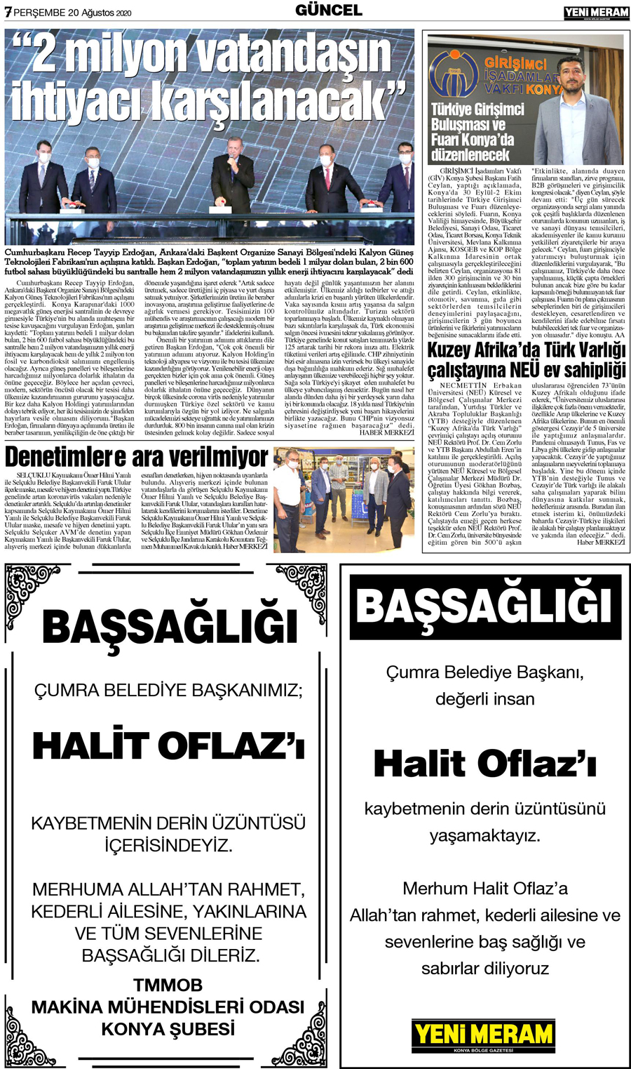 20 Ağustos 2020 Yeni Meram Gazetesi