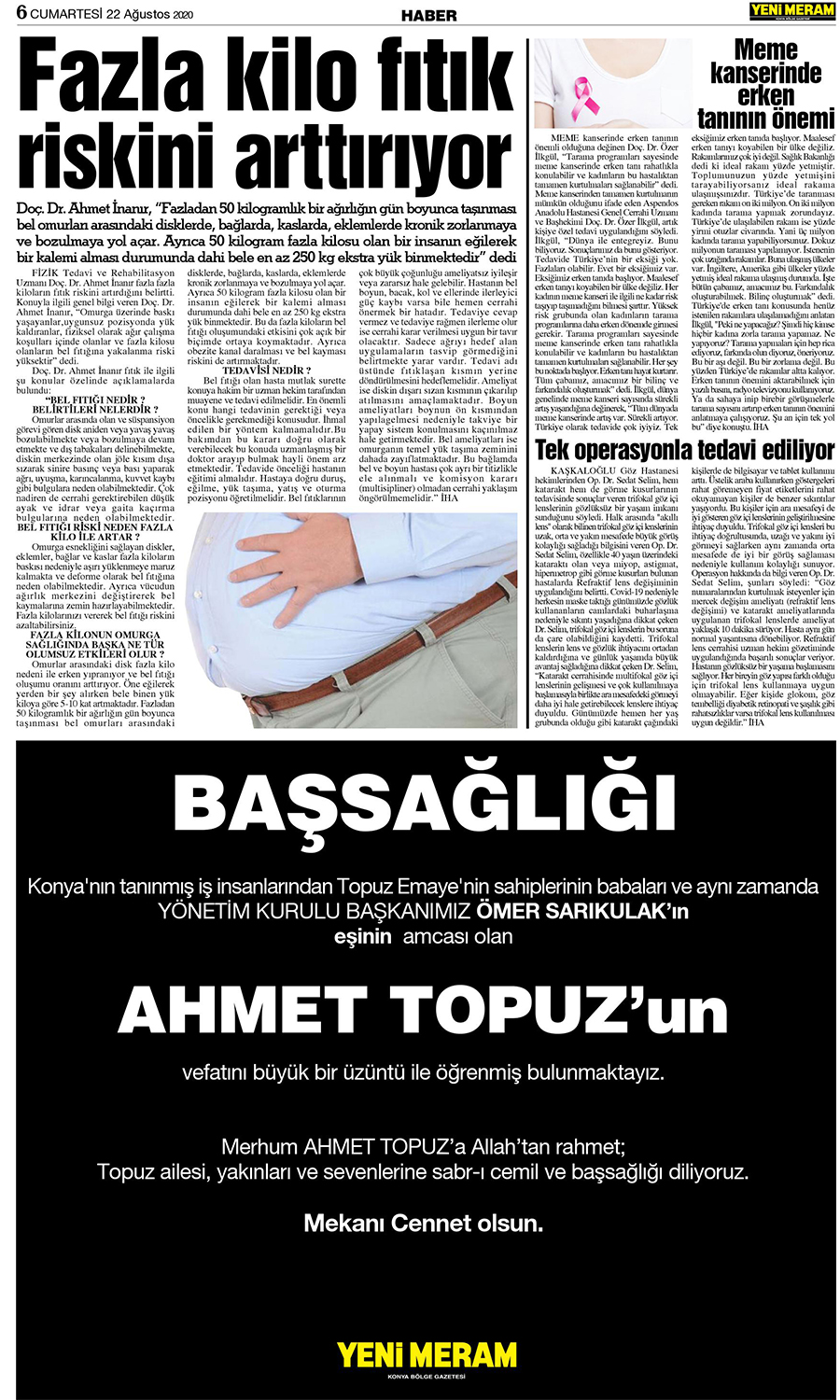 22 Ağustos 2020 Yeni Meram Gazetesi