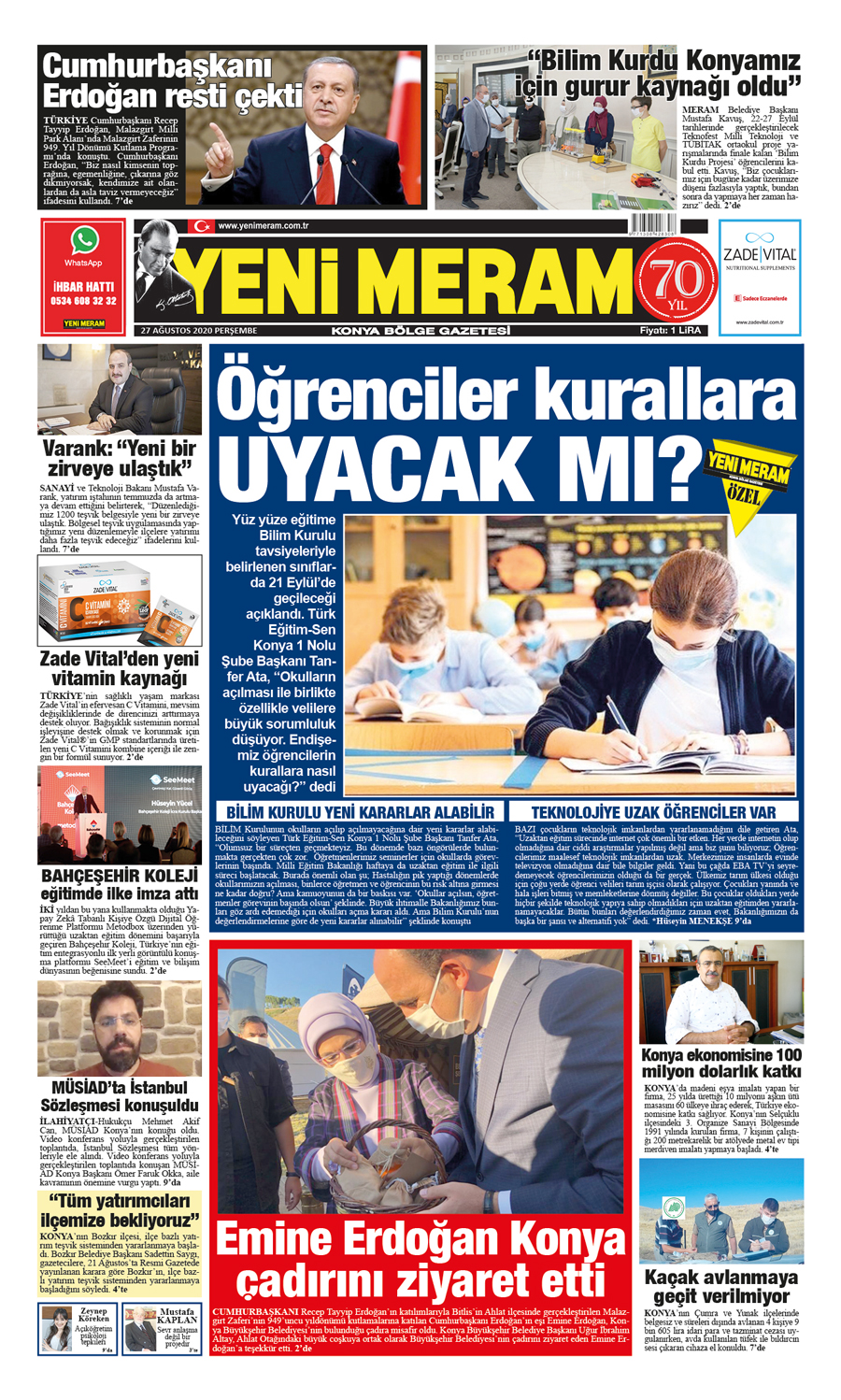 27 Ağustos 2020 Yeni Meram Gazetesi