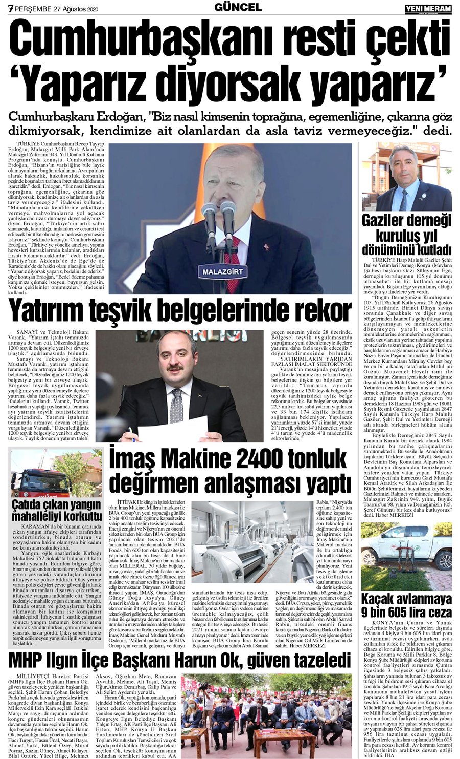 27 Ağustos 2020 Yeni Meram Gazetesi