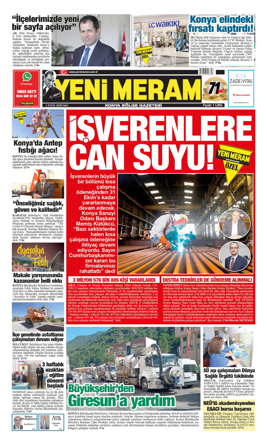 1 Eylül 2020 Yeni Meram Gazetesi