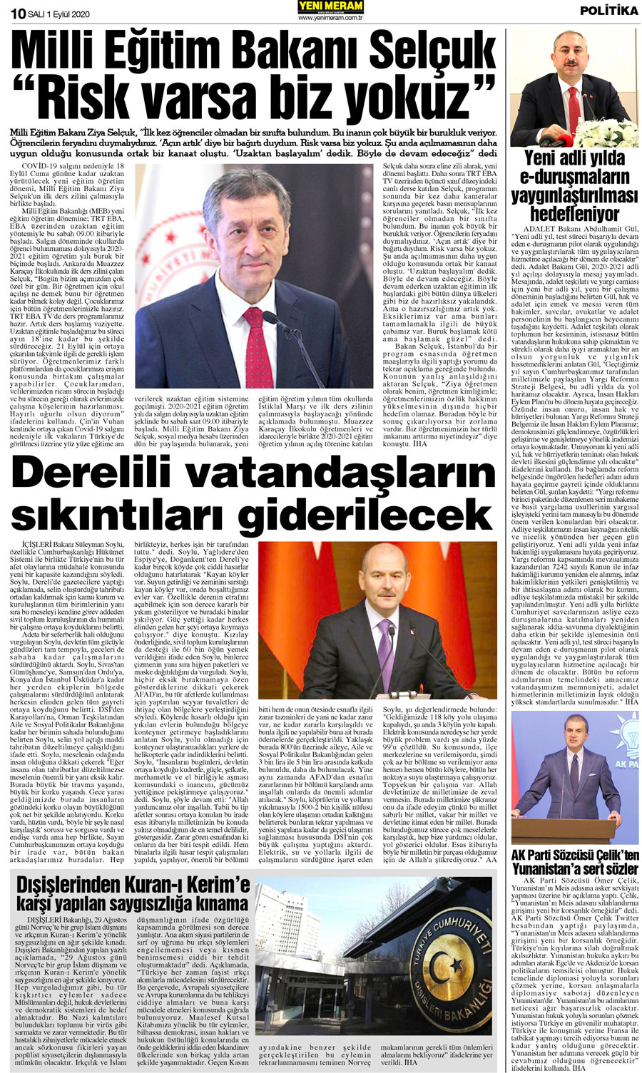 1 Eylül 2020 Yeni Meram Gazetesi