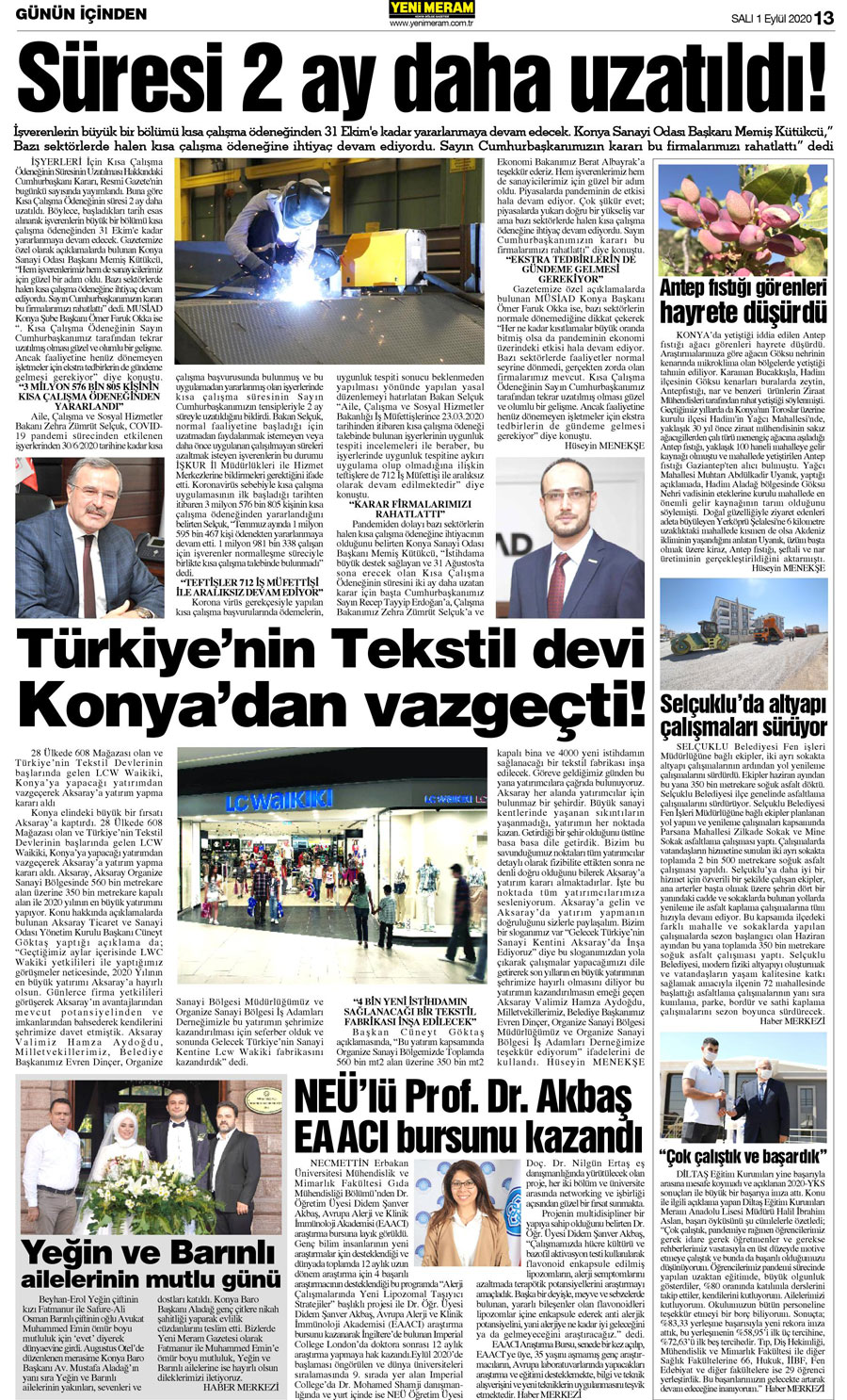 1 Eylül 2020 Yeni Meram Gazetesi