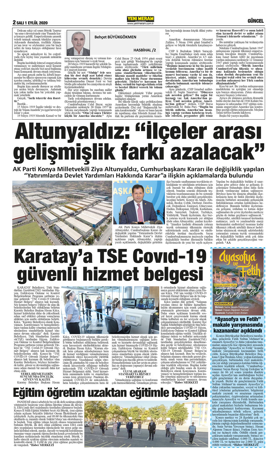 1 Eylül 2020 Yeni Meram Gazetesi