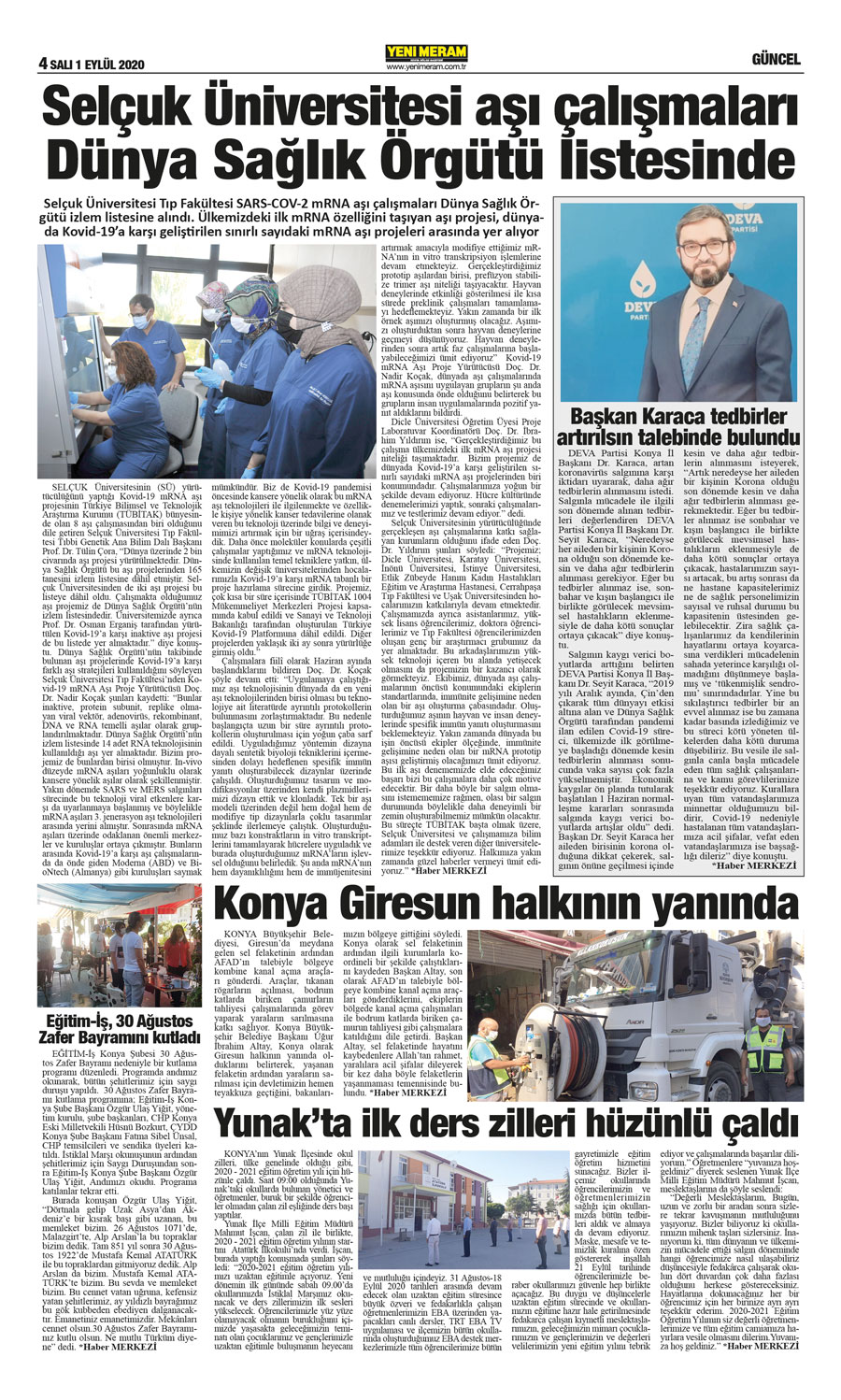 1 Eylül 2020 Yeni Meram Gazetesi