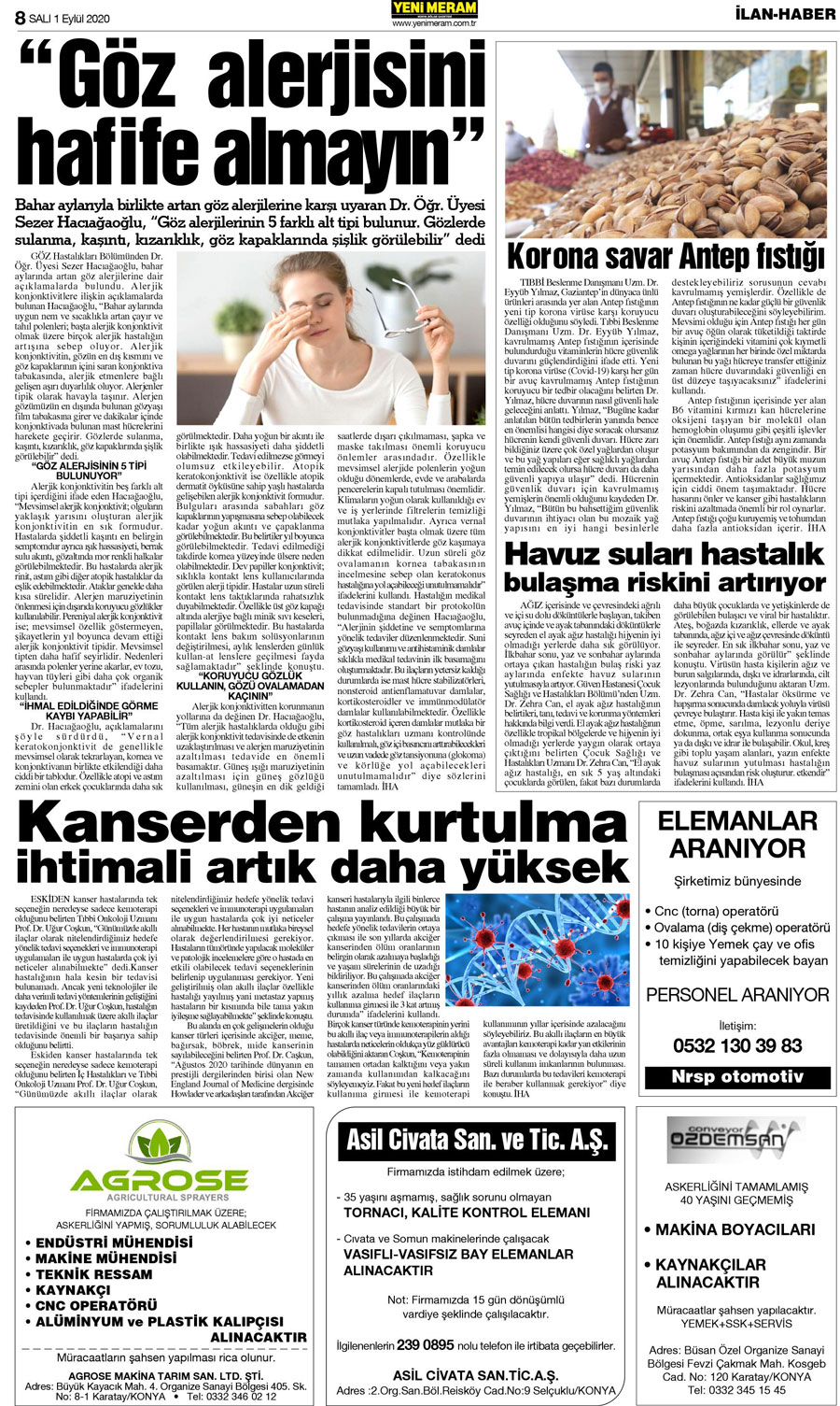 1 Eylül 2020 Yeni Meram Gazetesi