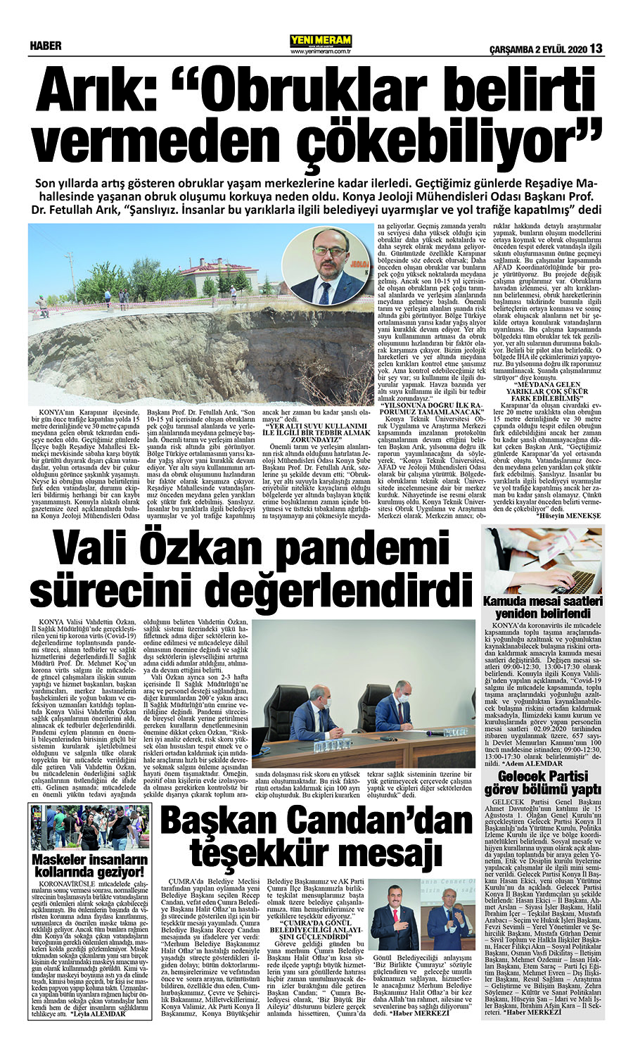 2 Eylül 2020 Yeni Meram Gazetesi