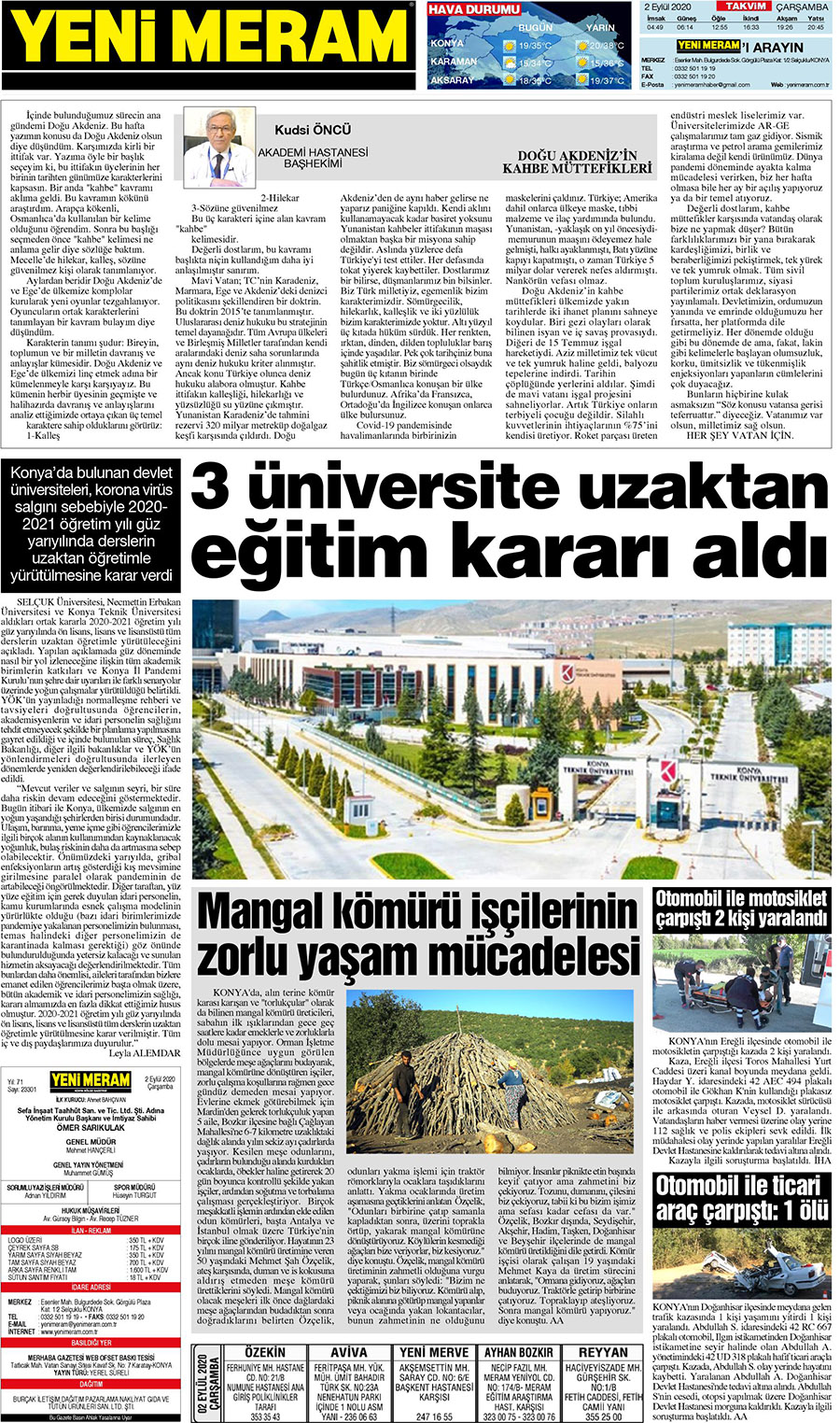 2 Eylül 2020 Yeni Meram Gazetesi