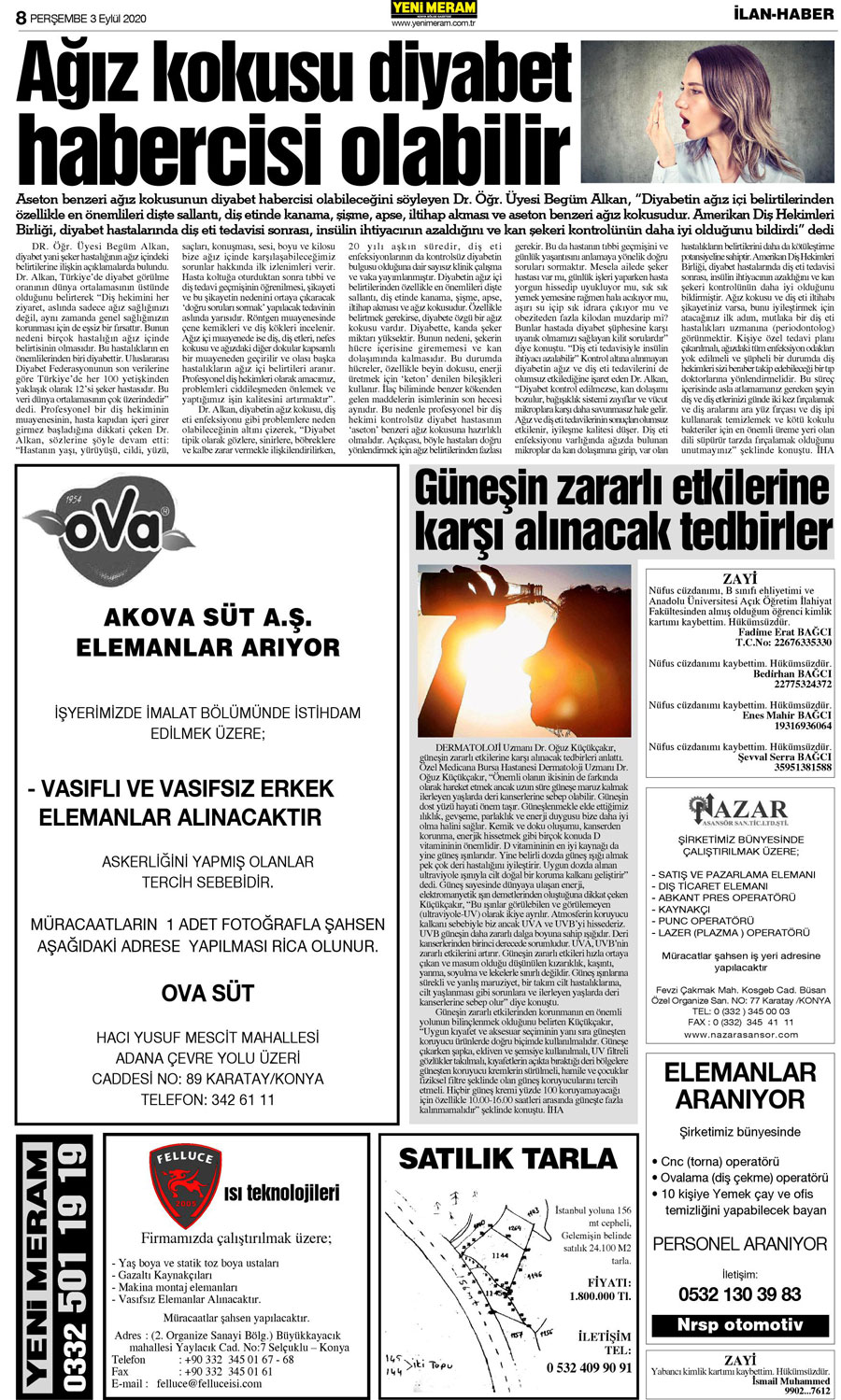 3 Eylül 2020 Yeni Meram Gazetesi