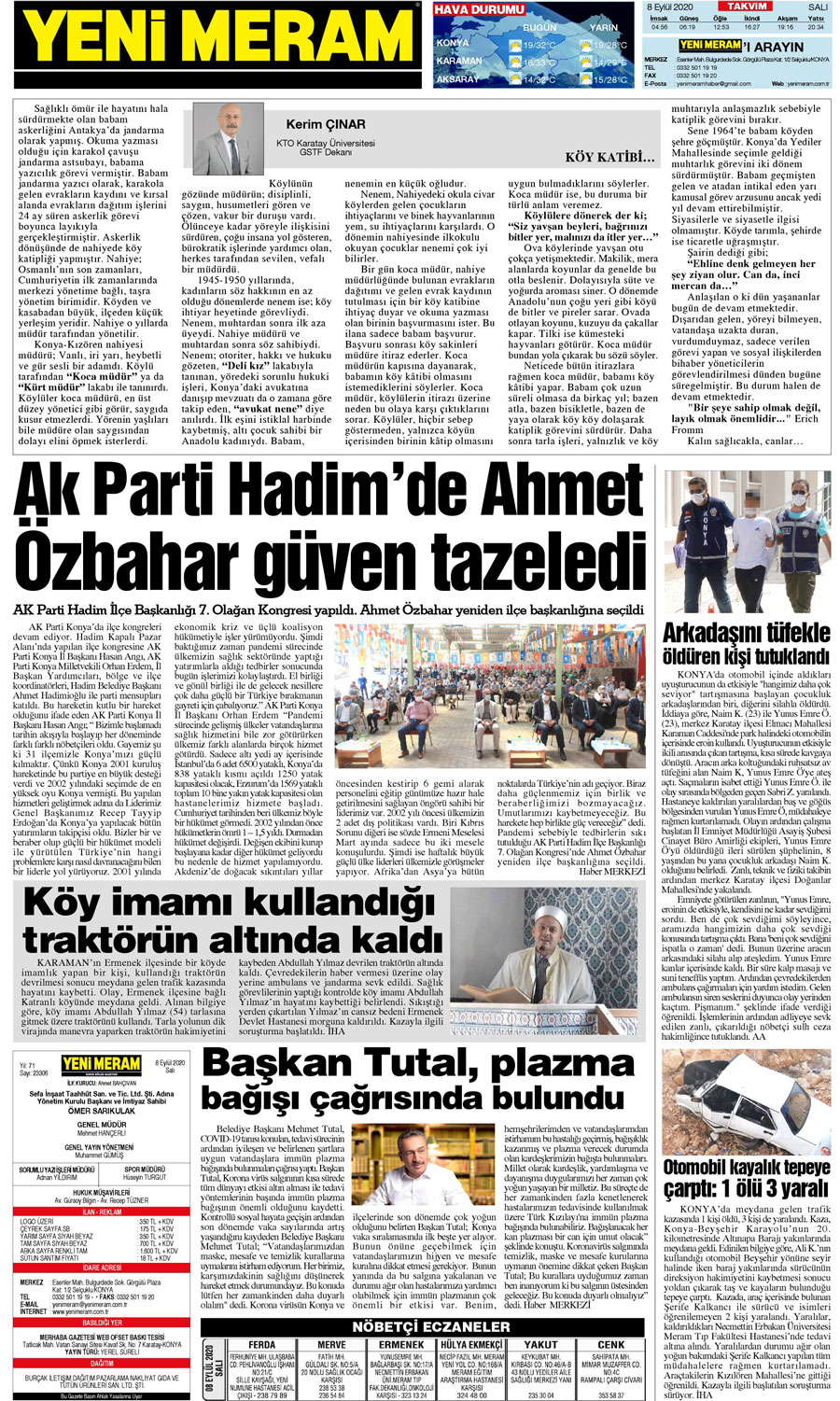 8 Eylül 2020 Yeni Meram Gazetesi