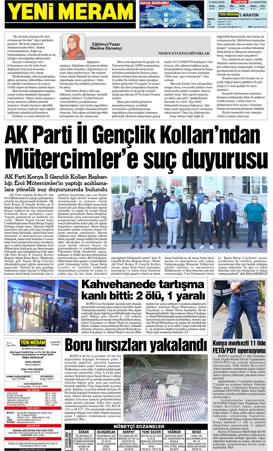 12 Eylül 2020 Yeni Meram Gazetesi