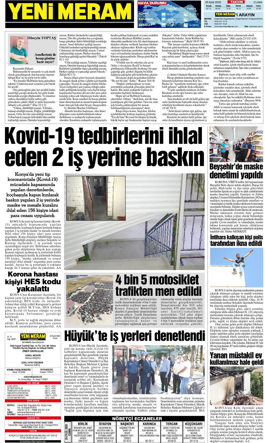 25 Eylül 2020 Yeni Meram Gazetesi