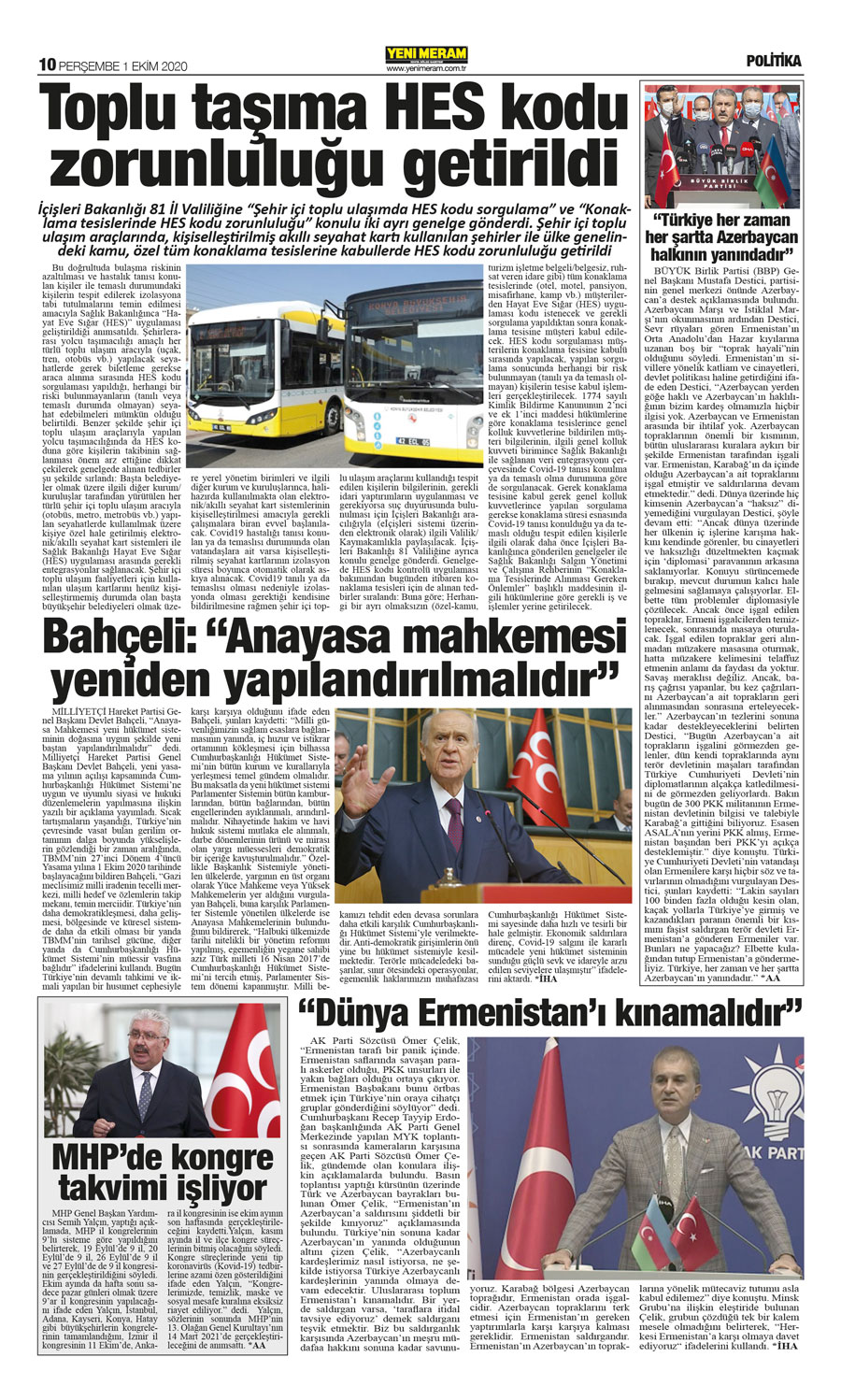 1 Ekim 2020 Yeni Meram Gazetesi