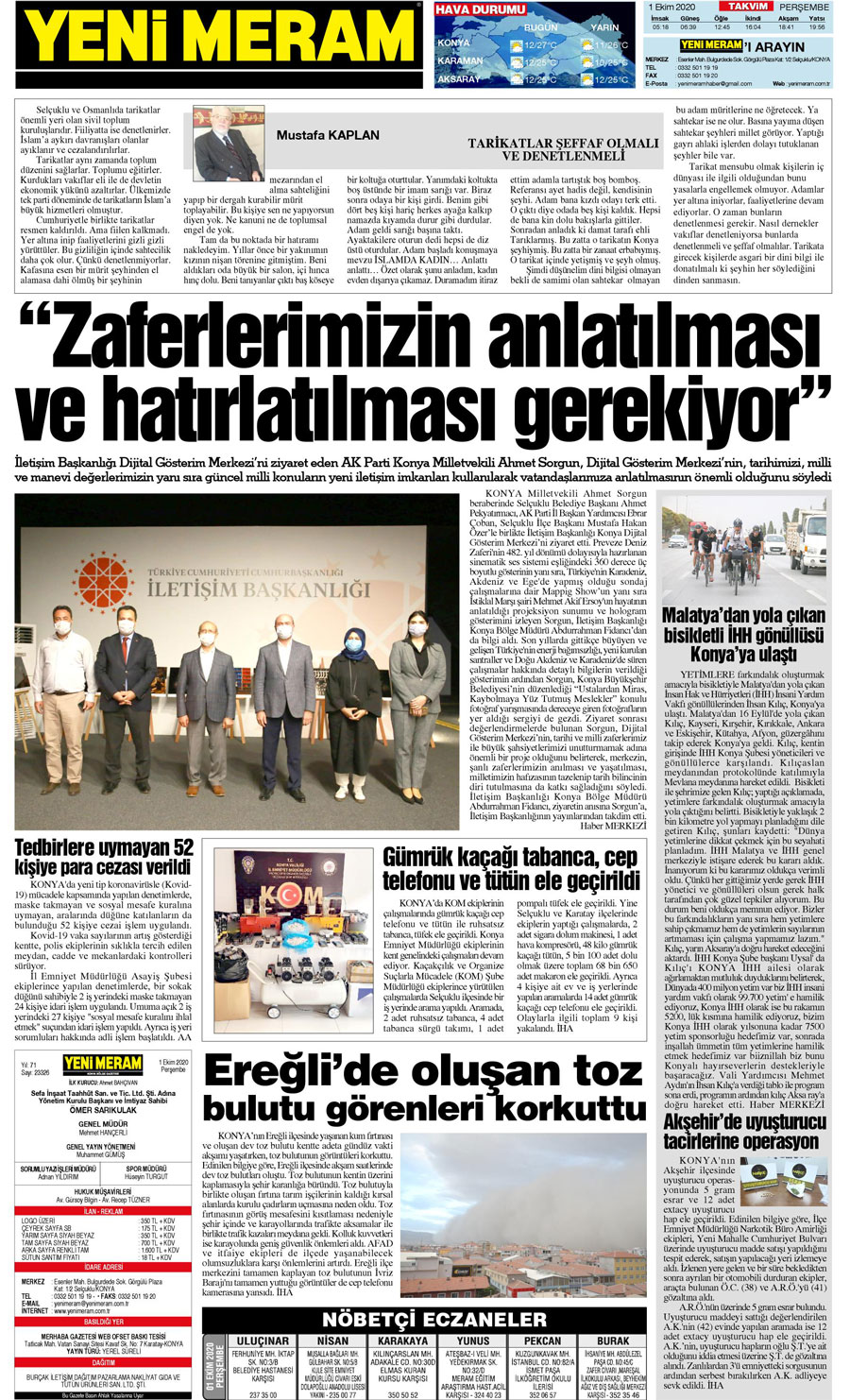 1 Ekim 2020 Yeni Meram Gazetesi