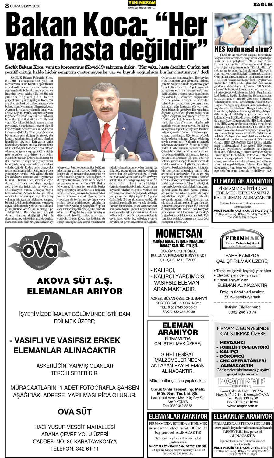 2 Ekim 2020 Yeni Meram Gazetesi