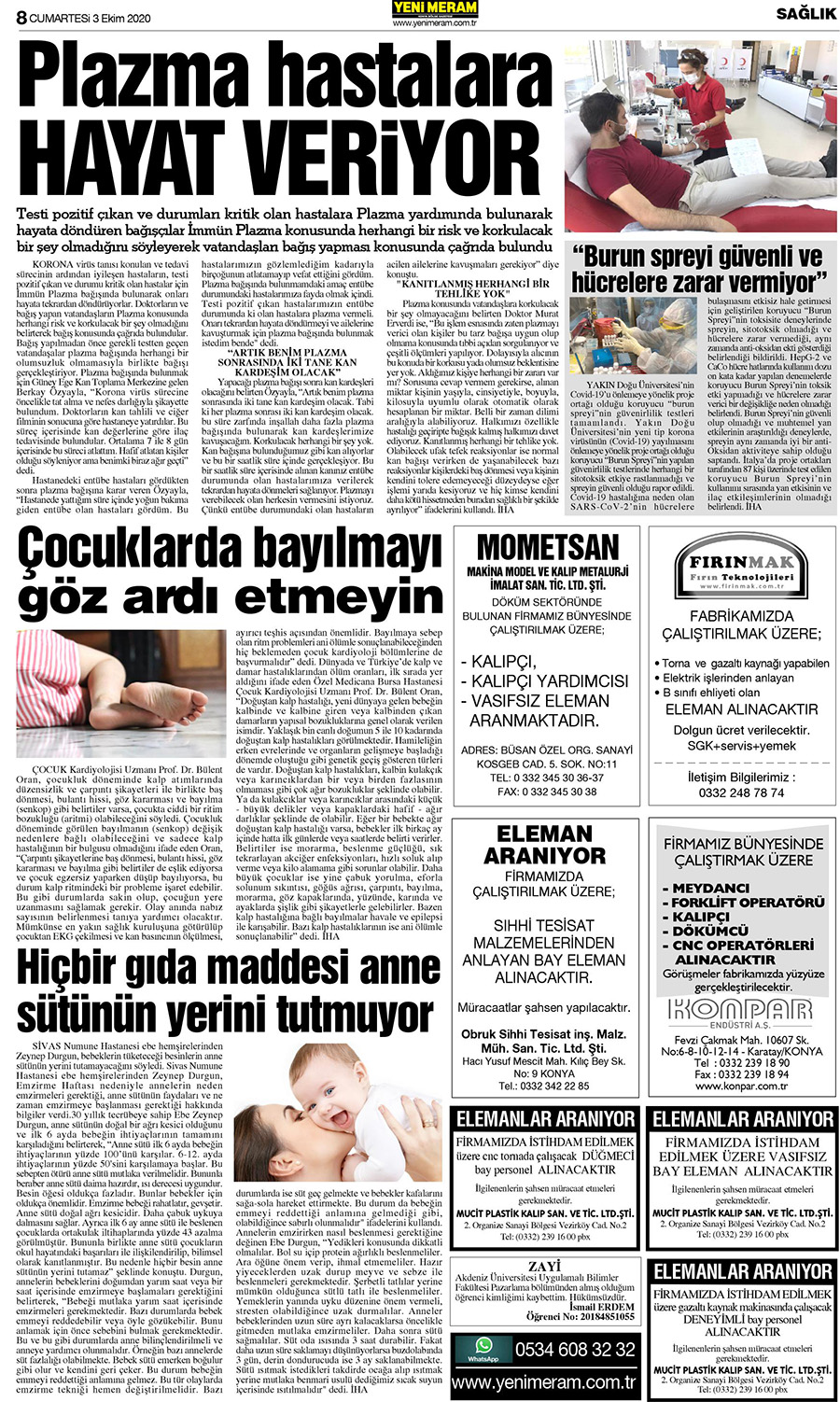 3 Ekim 2020 Yeni Meram Gazetesi