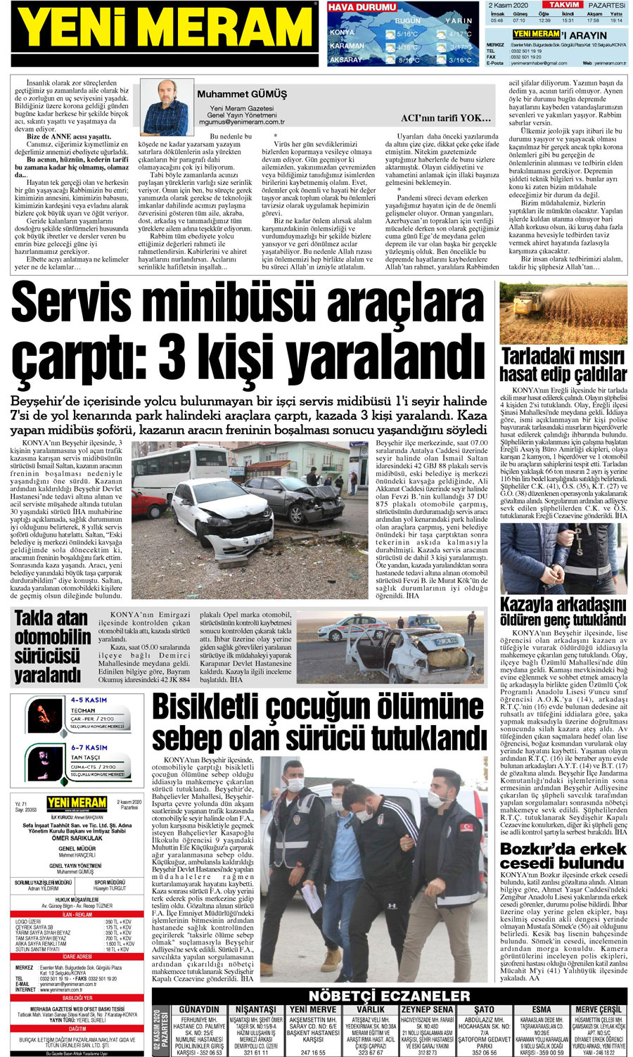 2 Kasım 2020 Yeni Meram Gazetesi