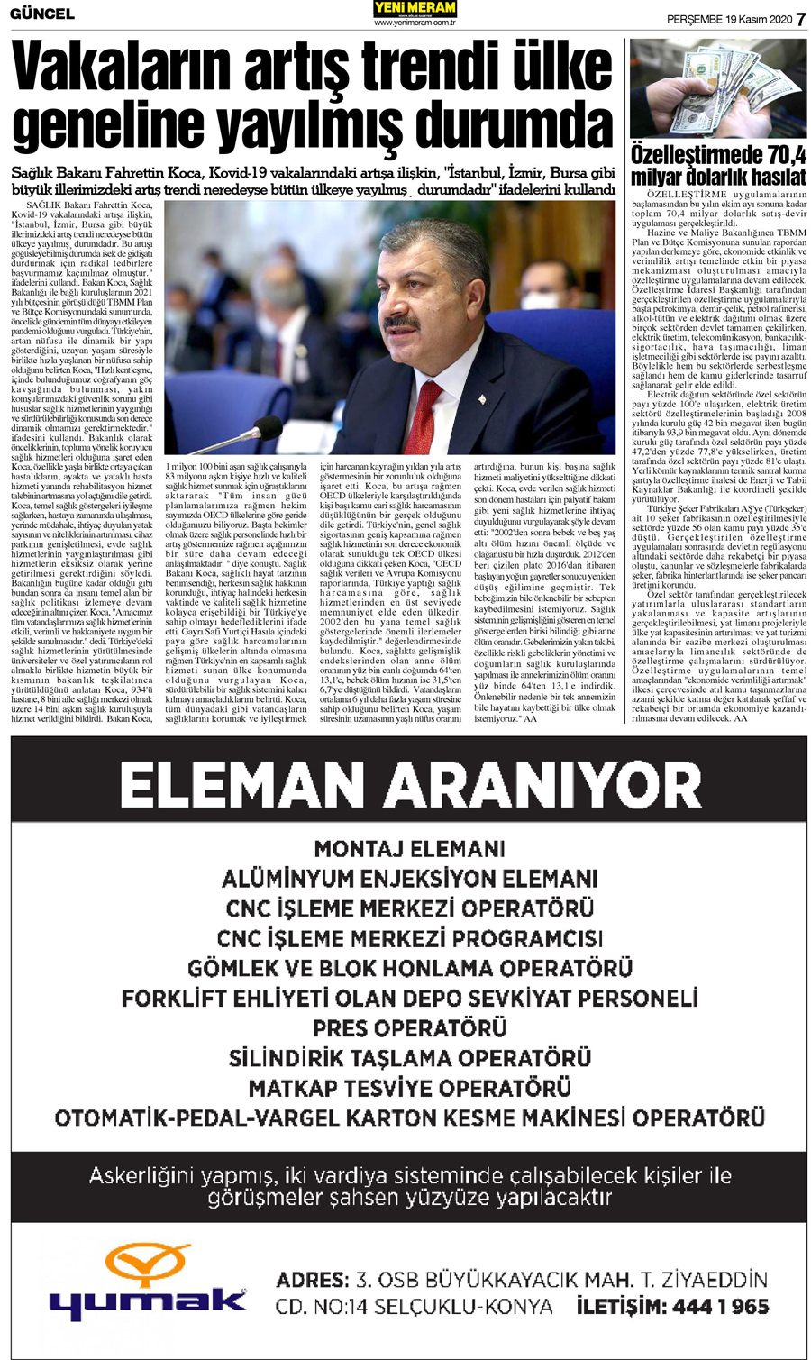 19 Kasım 2020 Yeni Meram Gazetesi