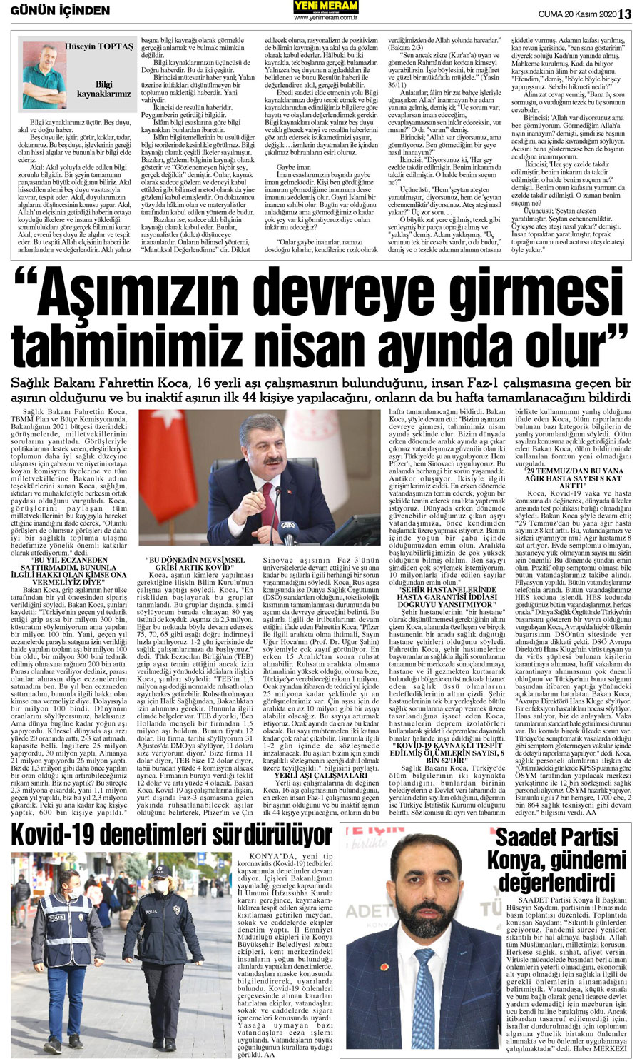 20 Kasım 2020 Yeni Meram Gazetesi