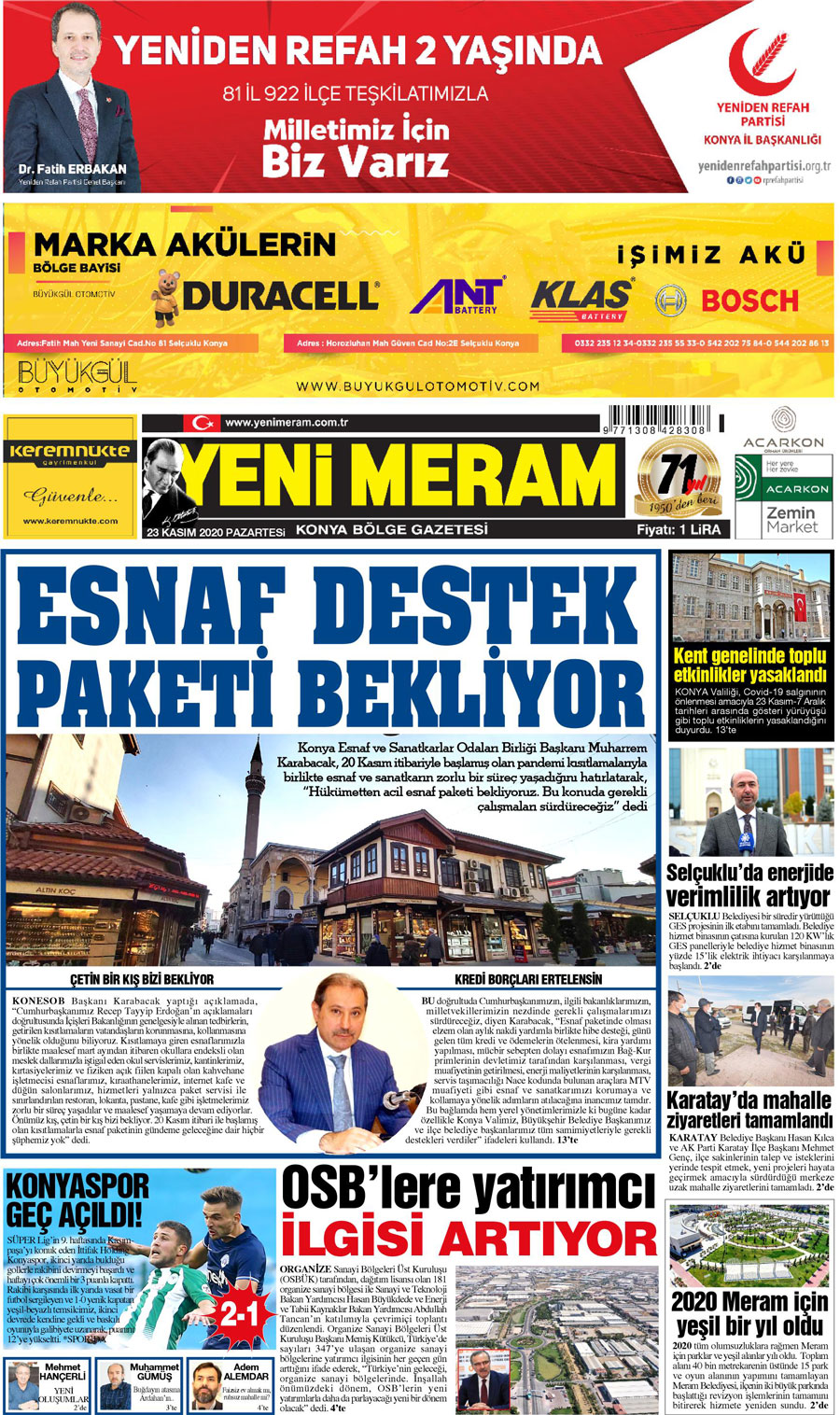 23 Kasım 2020 Yeni Meram Gazetesi