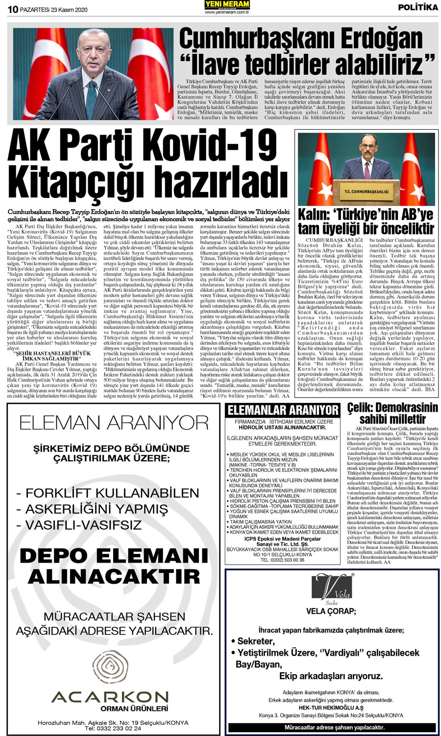 23 Kasım 2020 Yeni Meram Gazetesi