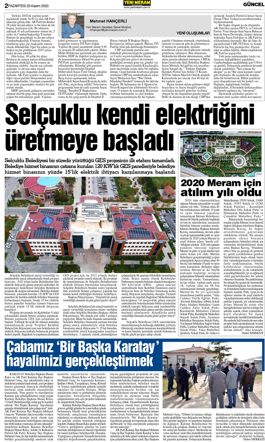 23 Kasım 2020 Yeni Meram Gazetesi