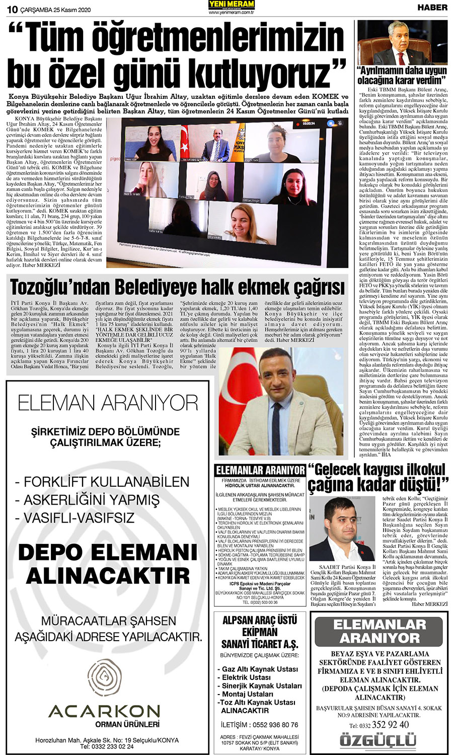 25 Kasım 2020 Yeni Meram Gazetesi