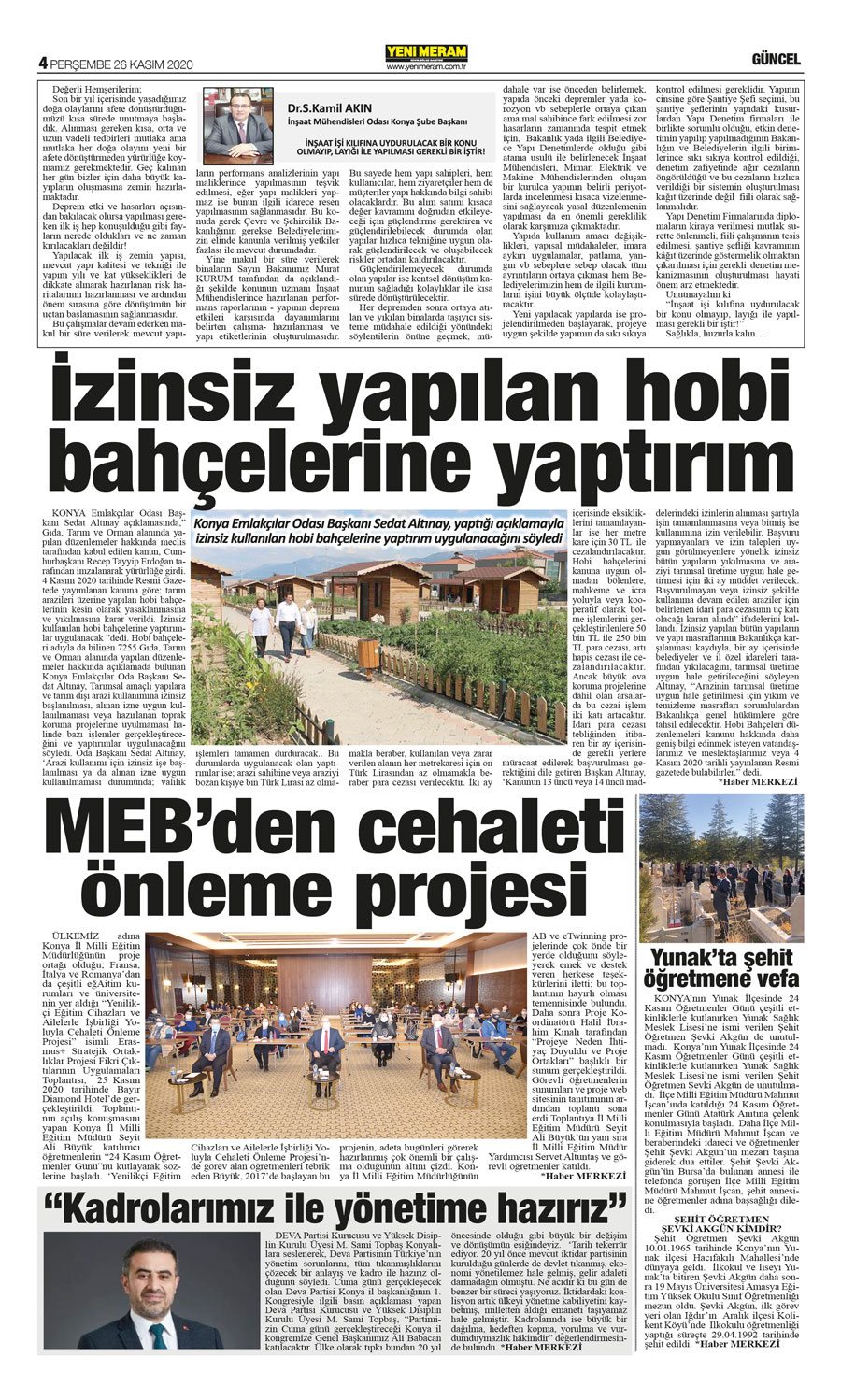 26 Kasım 2020 Yeni Meram Gazetesi