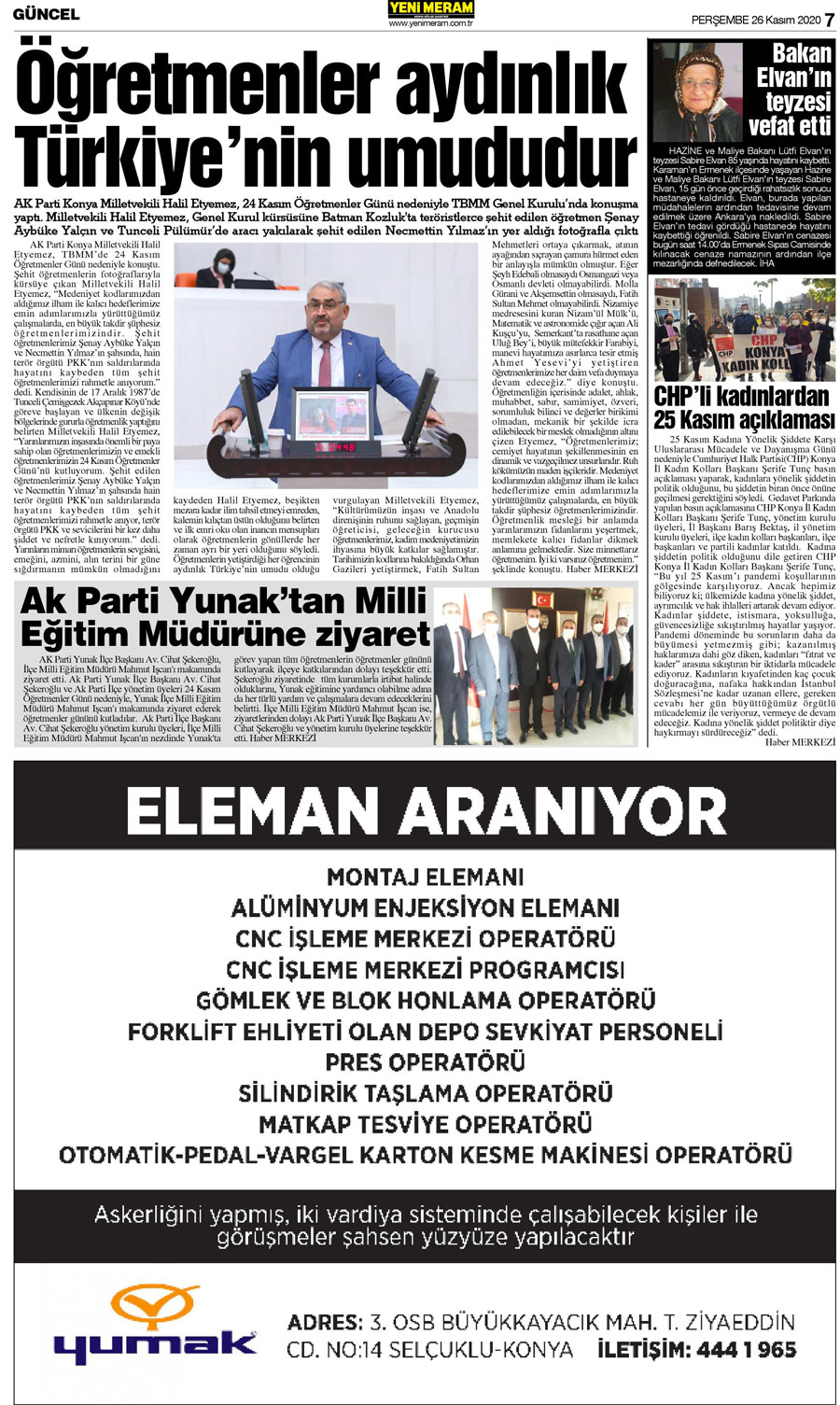 26 Kasım 2020 Yeni Meram Gazetesi