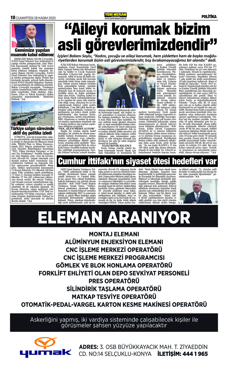 28 Kasım 2020 Yeni Meram Gazetesi